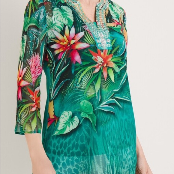 Chico's Tropical Print Semi Sheer Embellished Tunic Size 4/6 - Picture 7 of 9